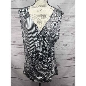 Style & Co Black White XL VNeck Draped Abstract‎ Pattern Blouse